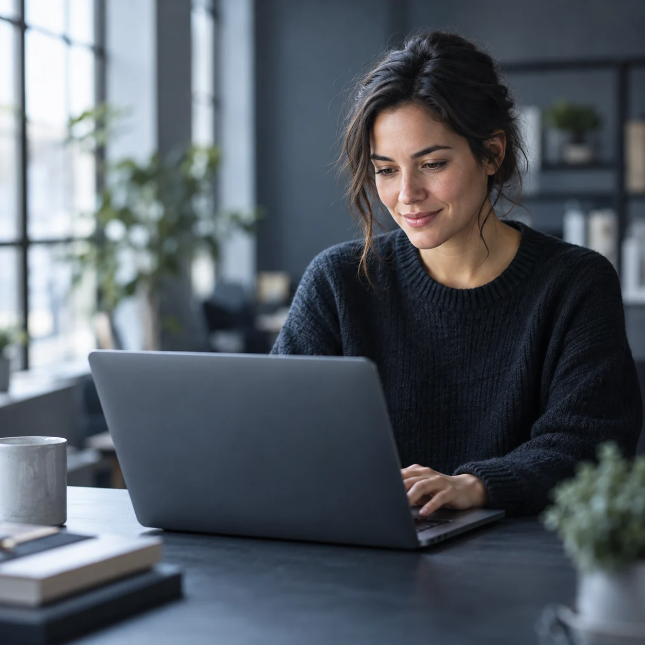 A professional working at a laptop in a daylight-filled studio